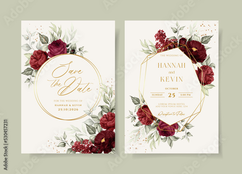Beautiful floral wedding invitation template set with red roses and leaves decoration