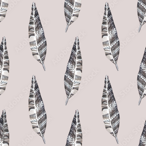 Seamless pattern watercolor black bird feather with stripe on gray background. Hand-drawn plume. Wildlife tropic art. Creative art for sticker wallpaper wrapping textile. Celebration wedding invite © NatashaKun