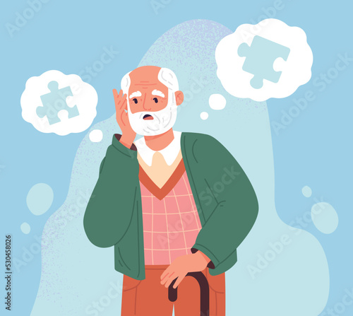 Alzheimer disease concept. Elderly man with partial memory loss and puzzle pieces in speech bubble. Upset Confused Grandpa with Dementia or Parkinson Disease. Cartoon flat vector illustration