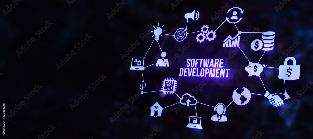 Internet, business, Technology and network concept. Inscription Software Development on the virtual display. 3d illustration. Internet, business, Technology and network concept. Inscription Software Development on the virtual display. 3d illustration.
