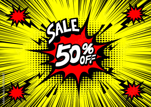 50 Percent OFF Discount on a Comics style bang shape background. Pop art comic discount promotion banners.
