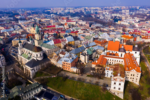 Fotomurale View from drone of Lublin cityscape with Roman Catholic Cathedral of St