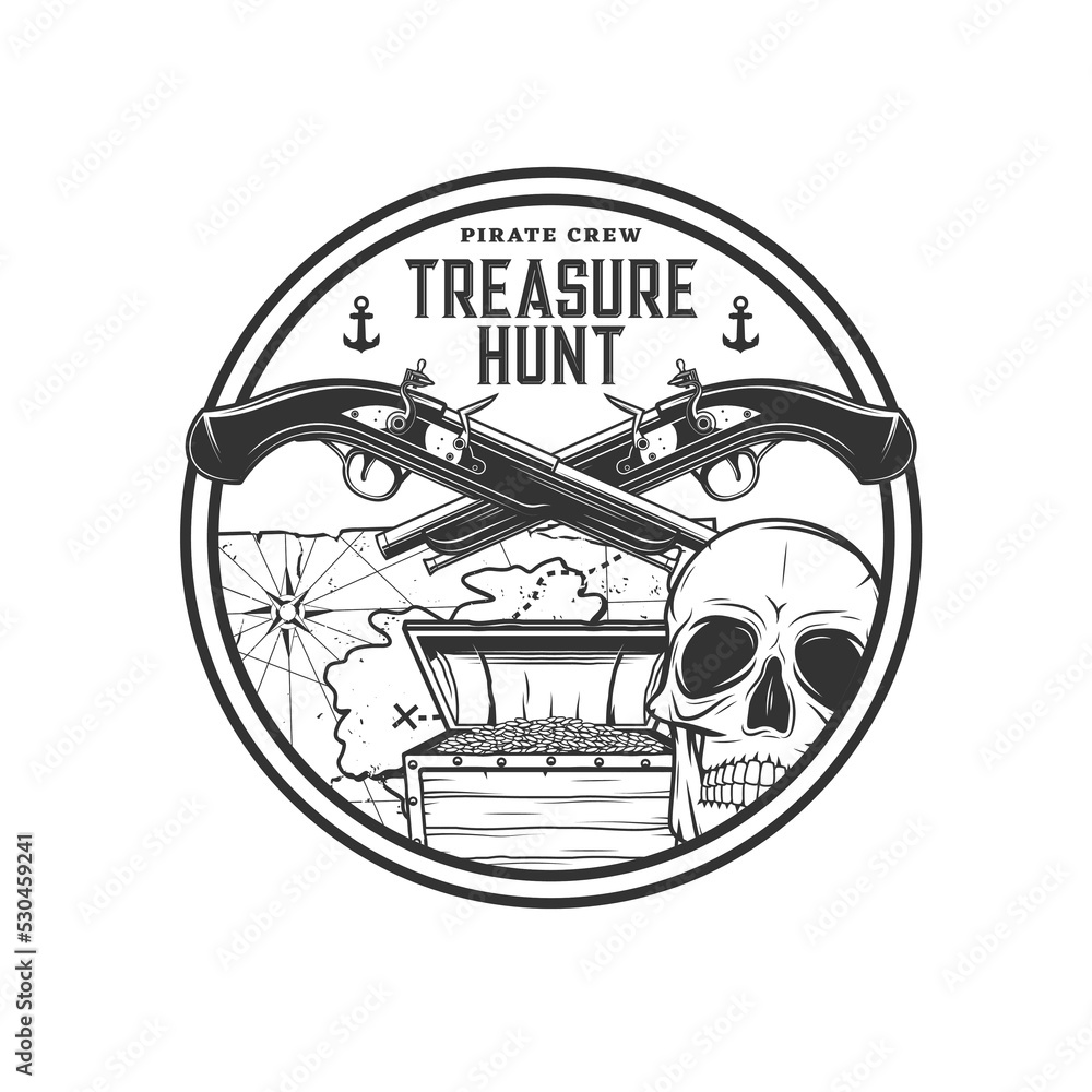 Pirate treasure hunting icon. Human skull, old chest with golden coins, pirate island map with treasure mark and crossed flintlock pistols on corsair monochrome vector icon or emblem - obrazy, fototapety, plakaty 
