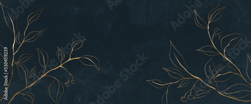 Luxury art background with golden tree leaves in minimalist line art style. Hand drawn botanical banner for textile design, wallpaper, packaging, decor, interior design, print.