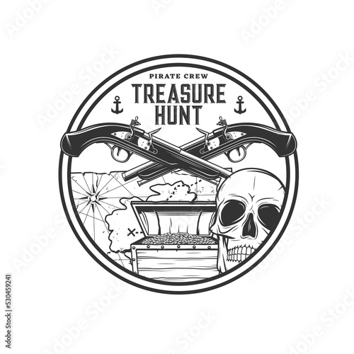 Pirate treasure hunting icon. Human skull, old chest with golden coins, pirate island map with treasure mark and crossed flintlock pistols on corsair monochrome vector icon or emblem
