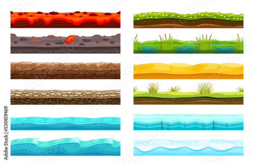 Soil ground layer, game level surface. Vector lava, ice and sea, water pond, swamp, paved road, crater, green field, desert sand cross section view. Cartoon textured graphic ui background, game asset