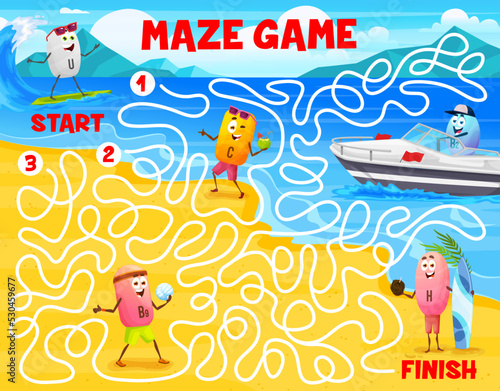Labyrinth maze game cartoon vitamin personages on summer beach vacation. Kids uiz labyrinth game vector worksheet with surfing, riding boat and playing volleyball A, B, C and D vitamin characters
