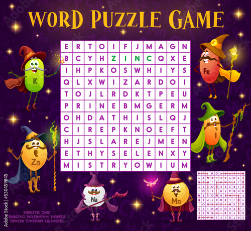 Word search puzzle game, micronutrients wizard and mage characters, vector quiz. Kids riddle grid worksheet to search and find word of micronutrient mineral pills, zinc, natrium and manganese sorcerer