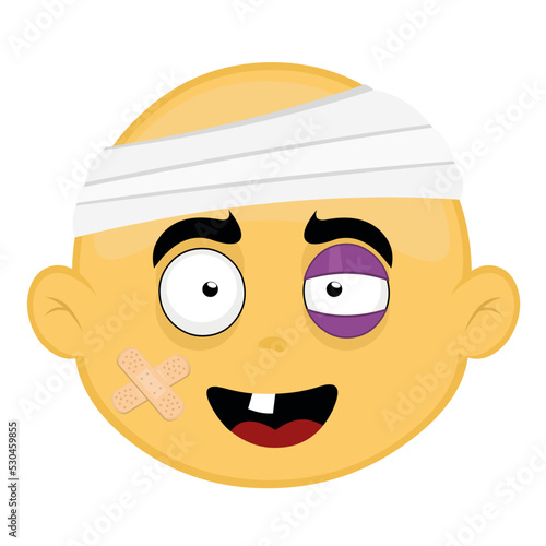 Vector emoji illustration of a yellow cartoon character injured, with a bandage on his head, a black eye, adhesive bands on his face and a single tooth