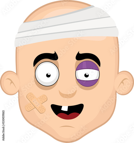 Vector illustration of the head of an injured man, with a bandage on his head, a black eye, adhesive bands on his face and a single tooth
