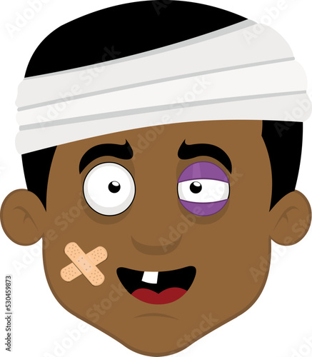 Vector illustration of the head of an injured man, with a bandage on his head, a black eye, adhesive bands on his face and a single tooth