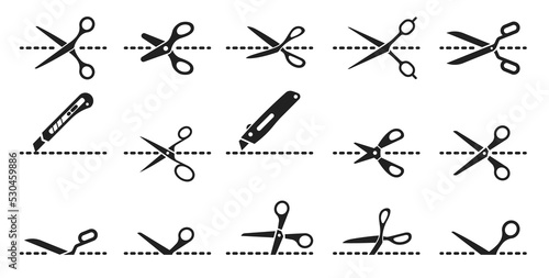 Cut lines, scissors, cutter or utility knife cutting lines, dashed vector icons. Cutting line borders for coupon, envelope letter or paper separation, cutting off dash line icons of scissors and knife