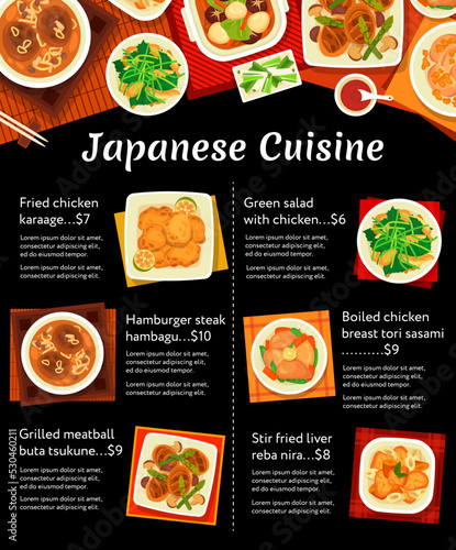 Japanese cuisine vector menu fried chicken karaage, toriniku no misoyaki and meatball hot pot tori tsukune nabe. Green salad, hamburger steak hambagu and grilled meatball buta tsukune Japan food
