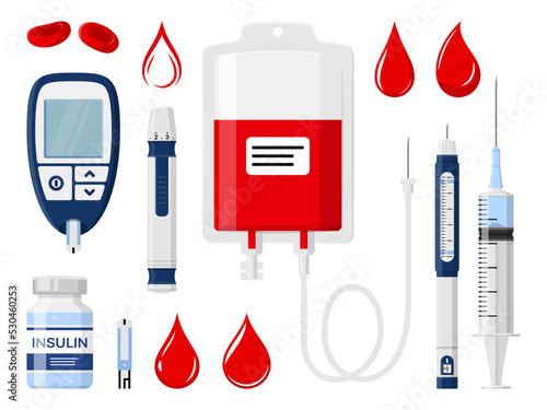 Diabetes, blood donation and insulin injection, vector medical icons. Diabetic test for glucose or sugar level, diabetes syringe and glucometer with blood plasma container bag for transfusion photo