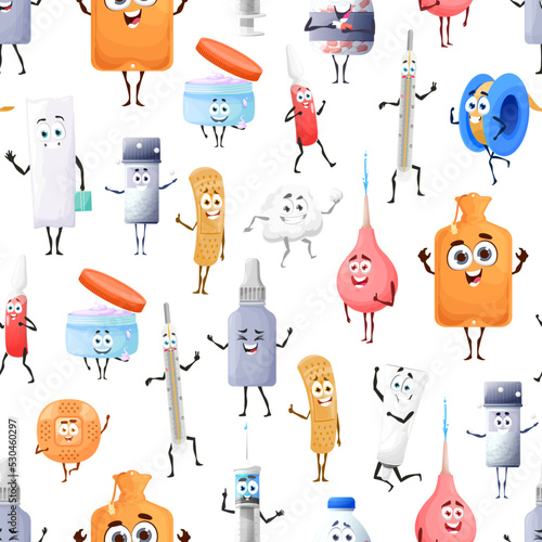 Cartoon pills, drugs and medication characters, vector seamless pattern background. Kids funny medical thermometer with syringe, enema and plaster patch with ointment, medicine pattern