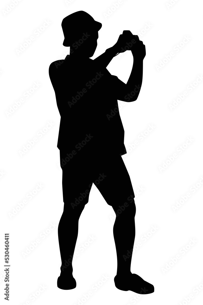 Tourist is taking picture with a camera silhouette vector on white background