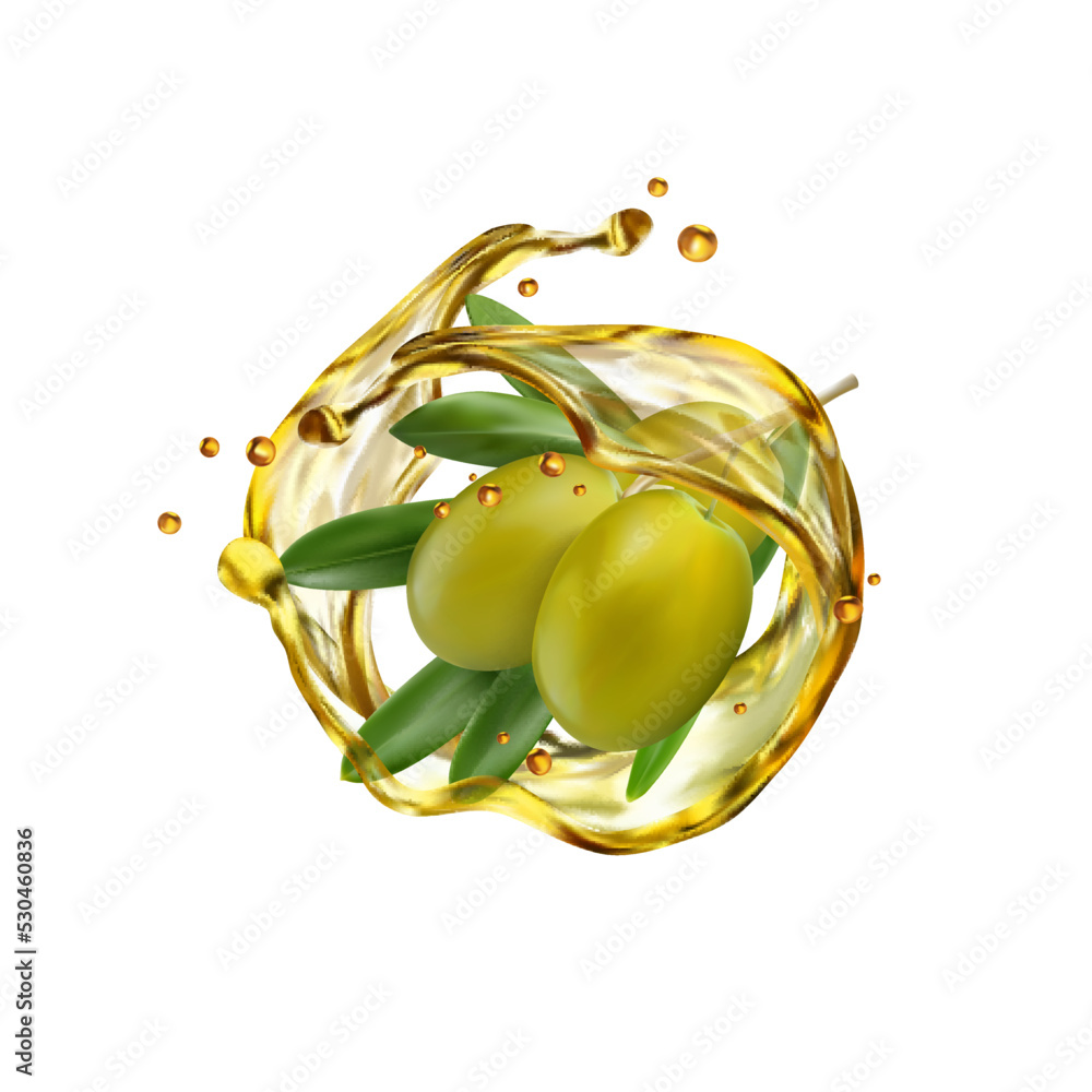 Realistic olives and oil splash drops, vector green olive fruits. Olive