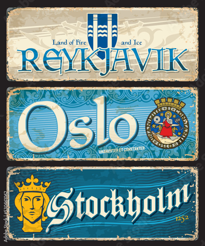 Oslo, Stockholm, Reykjavik city travel stickers and plates, vector tin signs. Norway, Sweden and Iceland capital cities vintage tourism banners, Scandinavian destination luggage tags and stickers