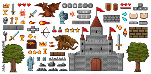 8bit pixel art game icons, medieval knight, dragon, castle and oak, coins and hearts, buttons and armor game interface items. Vector fantasy elements of RPG, isolated objects and sprites asset
