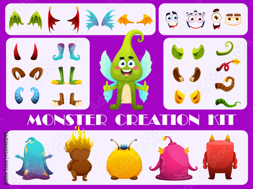Monster creation kit. Cartoon monster character constructor. Vector construction set of fantasy elf or goblin personage. Funny creature face, tail, horn, ear, wings, legs and bodies of cute alien
