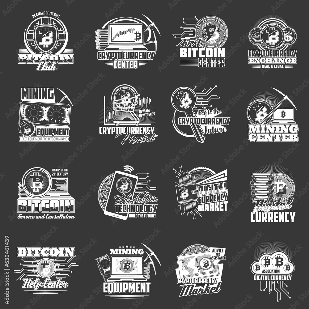 Cryptocurrency, blockchain and bitcoins crypto currency vector icons. Bitcoin mining and digital money exchange, cryptocurrency business finance market, crypto coin payment and transfer transaction