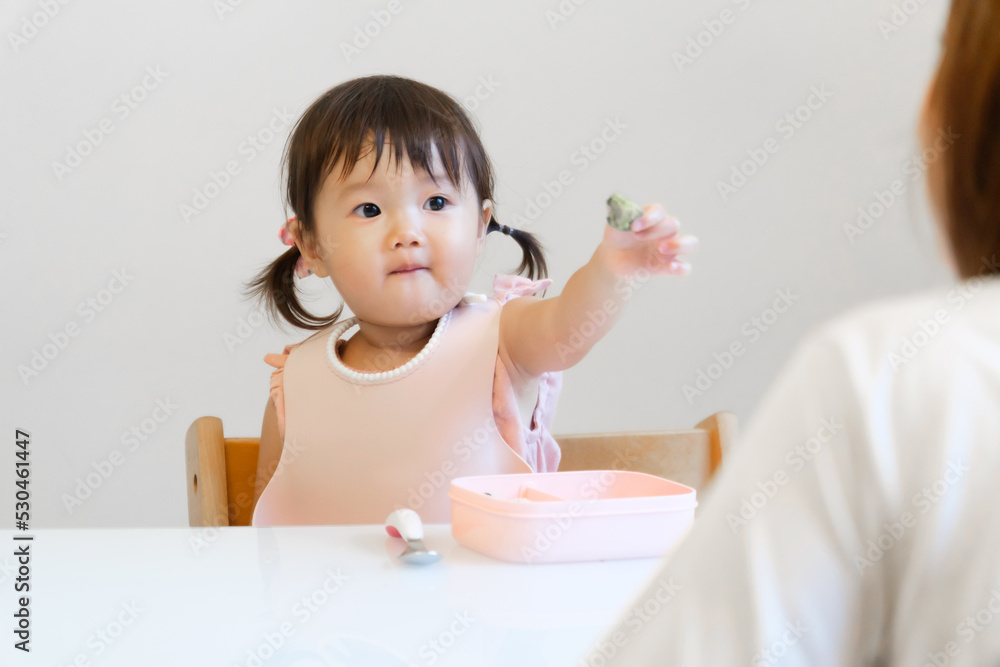 ご飯を食べる女の子とお母さん ご飯を食べる女の子とお母さん