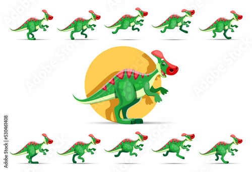 Cartoon running dinosaur character, animation game sprite. Vector parasaurolophus dino personage moving sequence frame, animated jurassic prehistoric era personage run and jump action movement