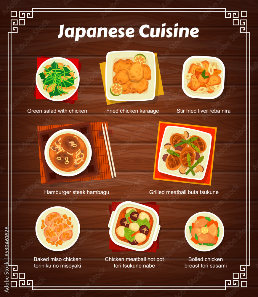 Japanese cuisine vector menu baked miso chicken toriniku no misoyaki, chicken meatball hot pot tori tsukune nabe and hamburger steak hambagu, stir fried liver reba nira and tori sasami Japan meals Japanese cuisine vector menu baked miso chicken toriniku no misoyaki, chicken meatball hot pot tori tsukune nabe and hamburger steak hambagu, stir fried liver reba nira and tori sasami Japan meals