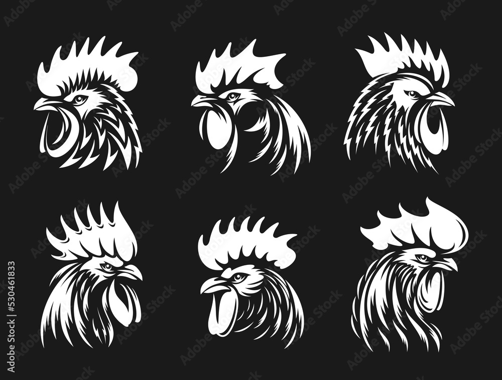Obraz premium Rooster, cockerel or cock head vector icons. Farm bird faces with silhouettes of beak, combs, wattles and feathers. Angry rooster isolated mascot of poultry farm, butcher shop, sport team