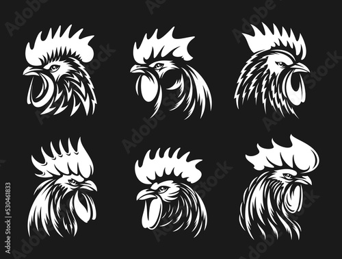 Rooster, cockerel or cock head vector icons. Farm bird faces with silhouettes of beak, combs, wattles and feathers. Angry rooster isolated mascot of poultry farm, butcher shop, sport team
