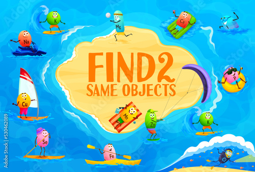 Find two save cartoon vitamin and mineral characters on beach vacation kids game worksheet. Vector puzzle quiz or logic riddle of cute multivitamin pills swimming, diving, riding surfboard and jet ski