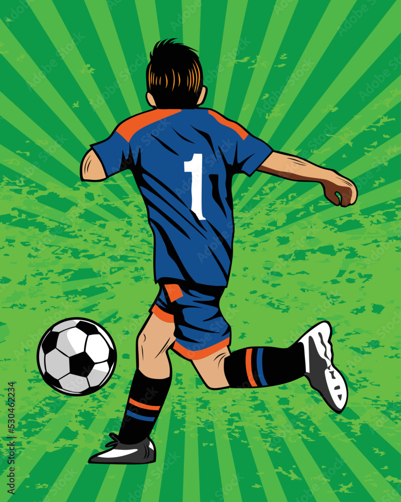 Soccer kid dribble ball in green background