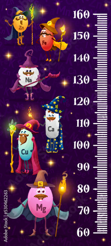 Kids height chart, micronutrients wizard and mage characters, vector growth meter. Baby tall size measure ruler with cartoon micronutrient wizards, zinc, calcium and magnesium mineral funny pills