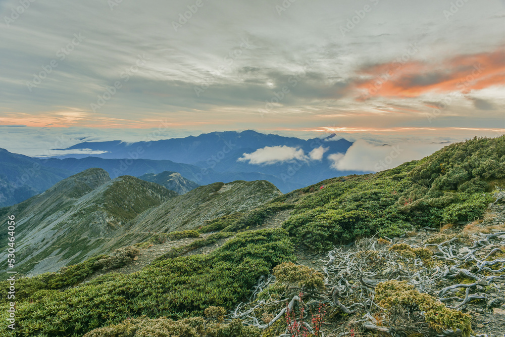 Panoramic View Of The Holy Ridge And Glacial Cirque At Sunrise On The Trail To Main Peak Of Xue Mountain (Snow mountain) , Shei-Pa National Park, Taiwan