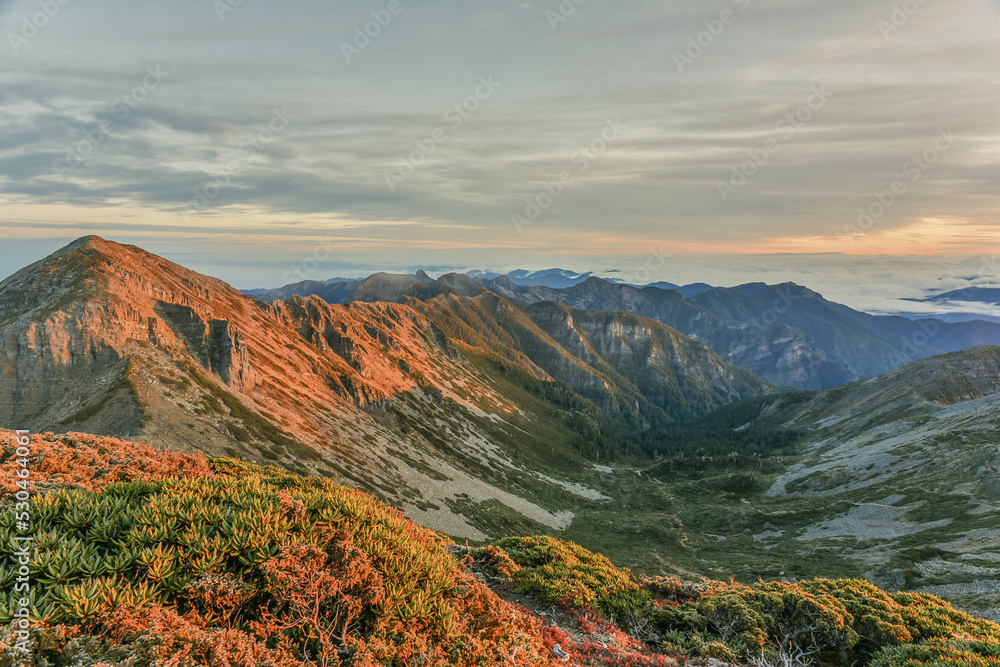 Panoramic View Of The Holy Ridge And Glacial Cirque At Sunrise On The Trail To Main Peak Of Xue Mountain (Snow mountain) , Shei-Pa National Park, Taiwan