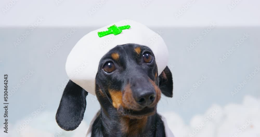 Dog in nurse costume, cap looks into camera, barks . Dachshund puppy in