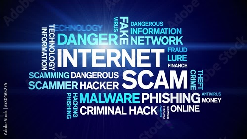 internet scam animated tag word cloud;text design animation kinetic typography seamless loop.
