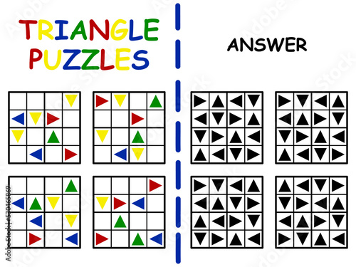 Triangle puzzles set with the answer vector illustration. Funny educational logic game worksheet for children and beginners. Funny usual sudoku games set four by four with triangles