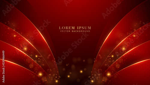 Red luxury background with golden curve lines, shine dots effect and bokeh decoration