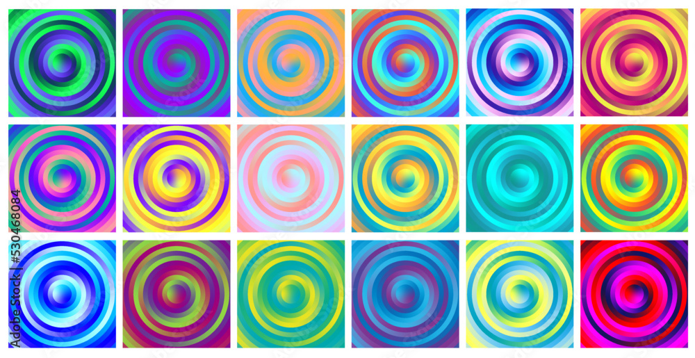 Set colorful abstract backdrops with gradient circles. Vector designs with wave spiral shapes.