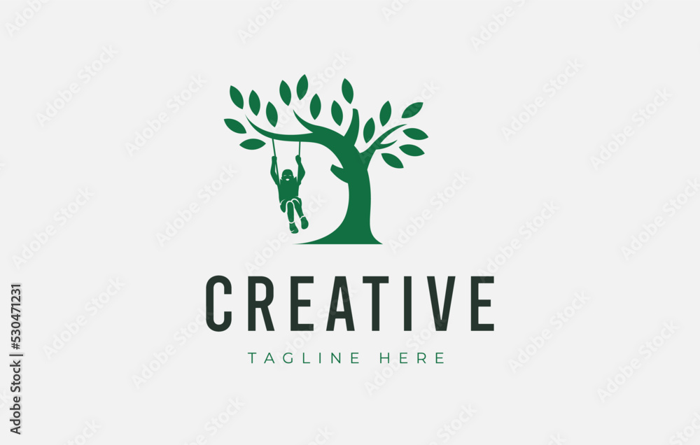 Daycare Children Wood Logo Design Template. Child playing swing under the tree. Daycare Children Wood Logo Design Template. Child playing swing under the tree.