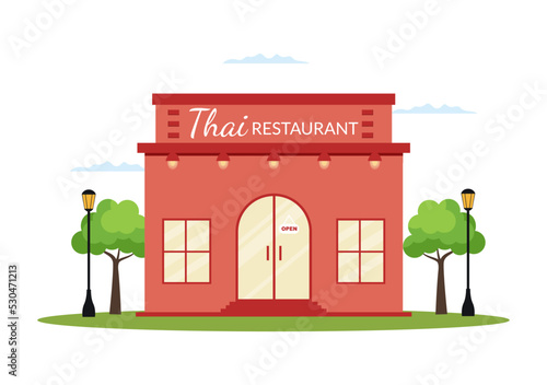 Traditional Thai Food Restaurant or Cafe Building Template Hand Drawn Cartoon Flat Illustration