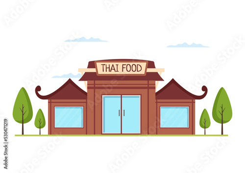Traditional Thai Food Restaurant or Cafe Building Template Hand Drawn Cartoon Flat Illustration