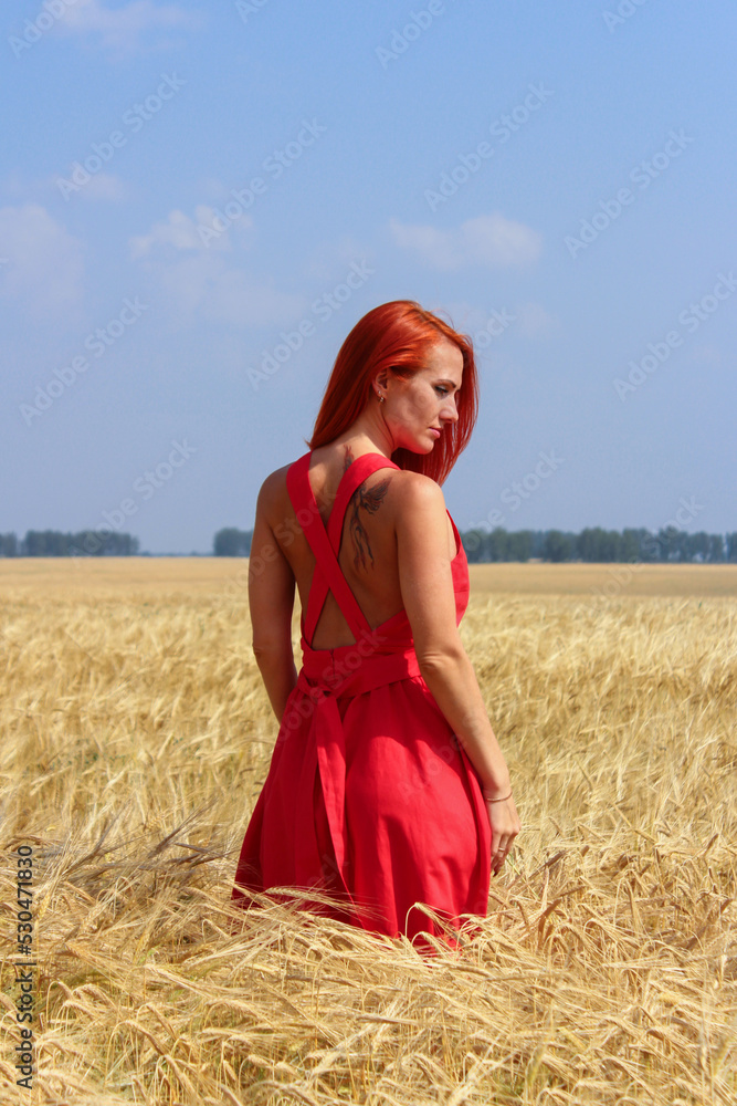 Naklejka premium red-haired beautiful girl in the field