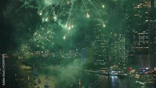 Bright Fireworks Over Brisbane River And Building Cityscape During Riverfire Festival, 4K photo