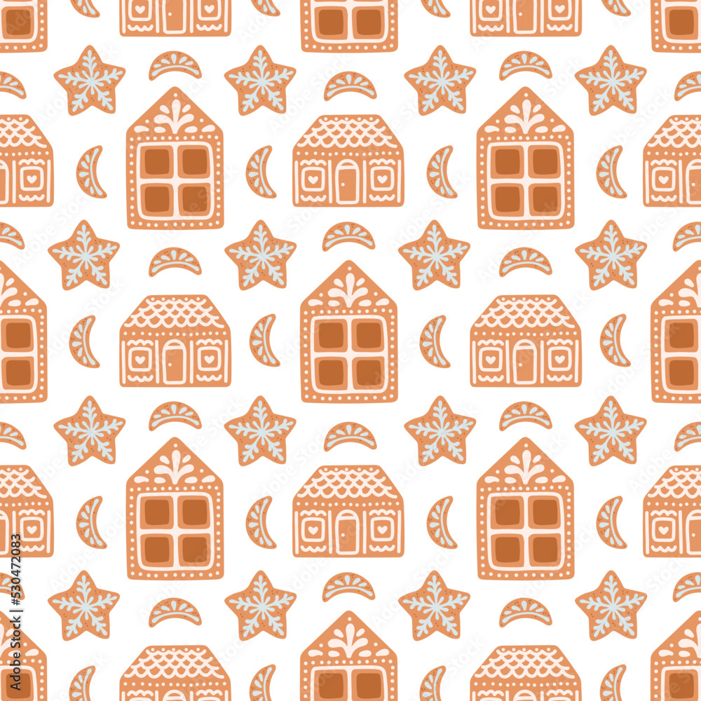 Gingerbread Christmas seamless pattern house cookies isolated on white vector