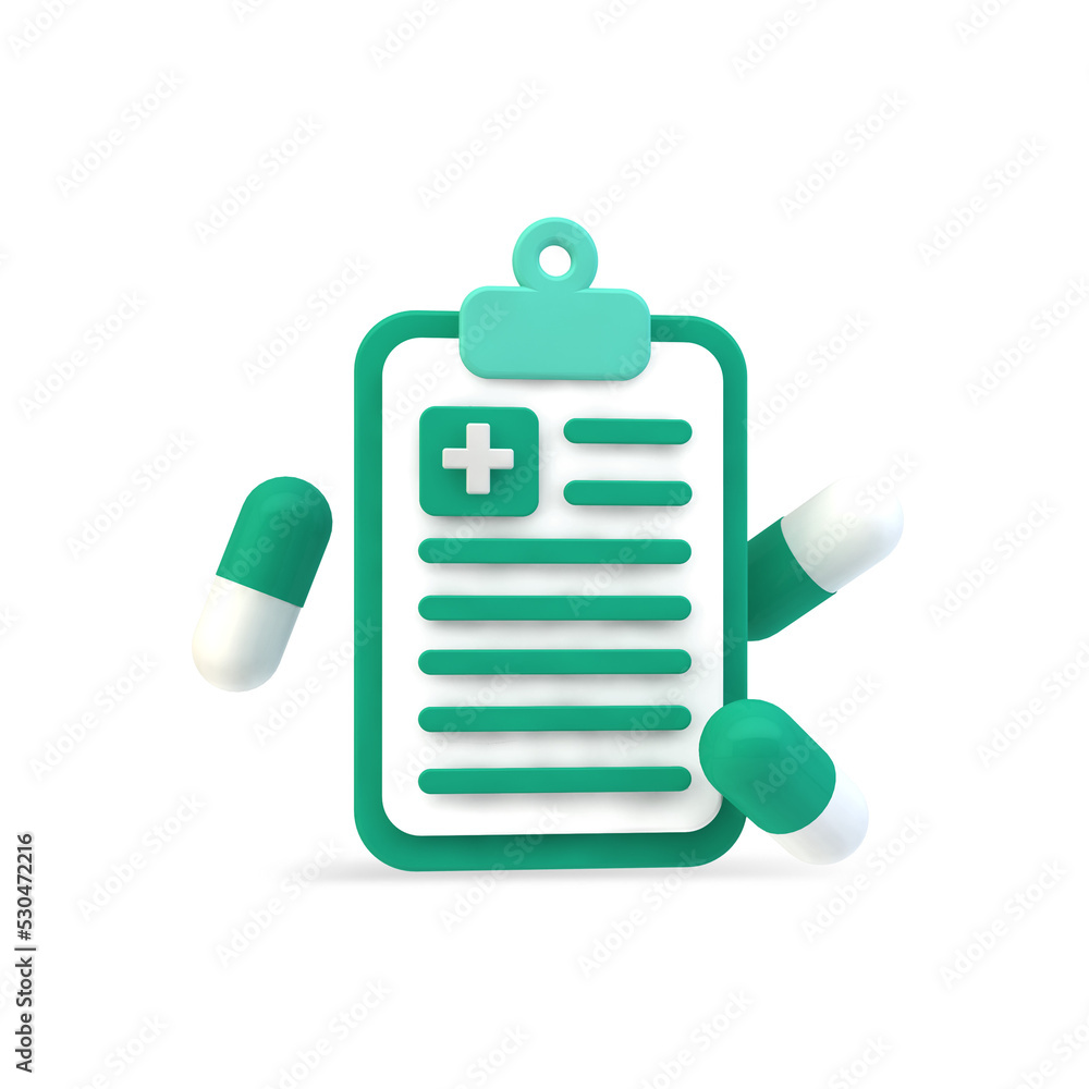 Ilustração 3D - receituário médico - ícone lista de farmácia Ilustração 3D - receituário médico - ícone lista de farmácia