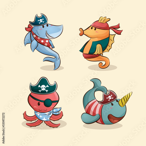 Cute animal pirate characters cartoon illustration collection