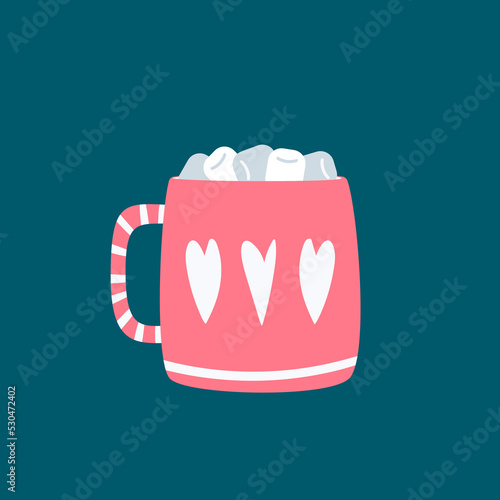 Cute mug with cocoa and marshmallows in doodle style, vector flat illustration, isolated, cartoon.