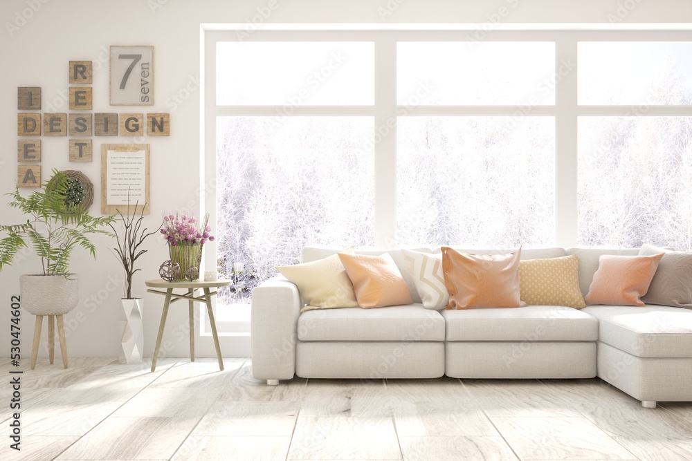 Modern living room in white color with sofa and winter landscape in window. Scandinavian interior design. 3D illustration Modern living room in white color with sofa and winter landscape in window. Scandinavian interior design. 3D illustration